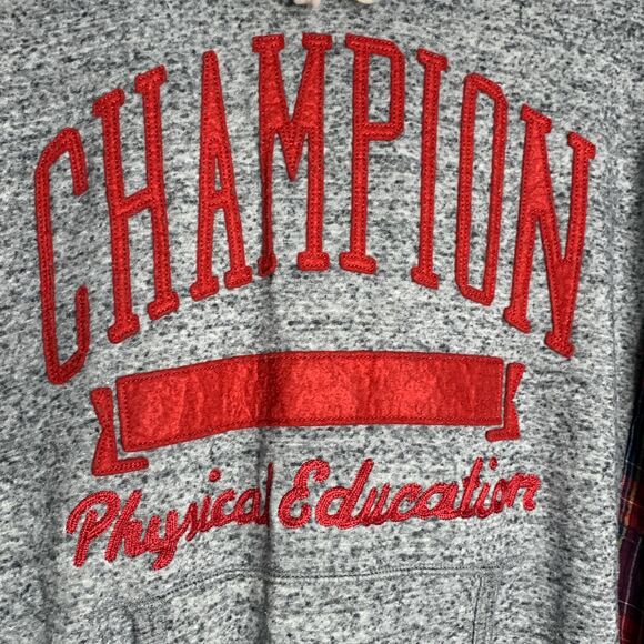 Upcycled Champion PE Hoodie with Flannel Sleeves Oversized Fit - Picture 2 of 5